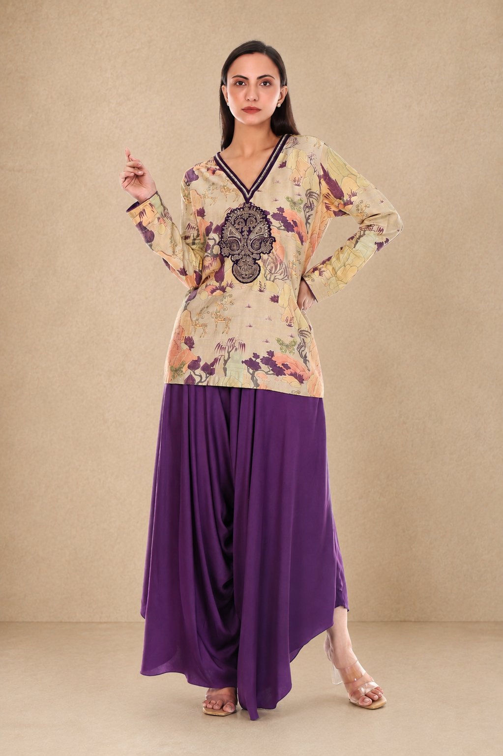 Zaira Pant Set Beige & Purple
