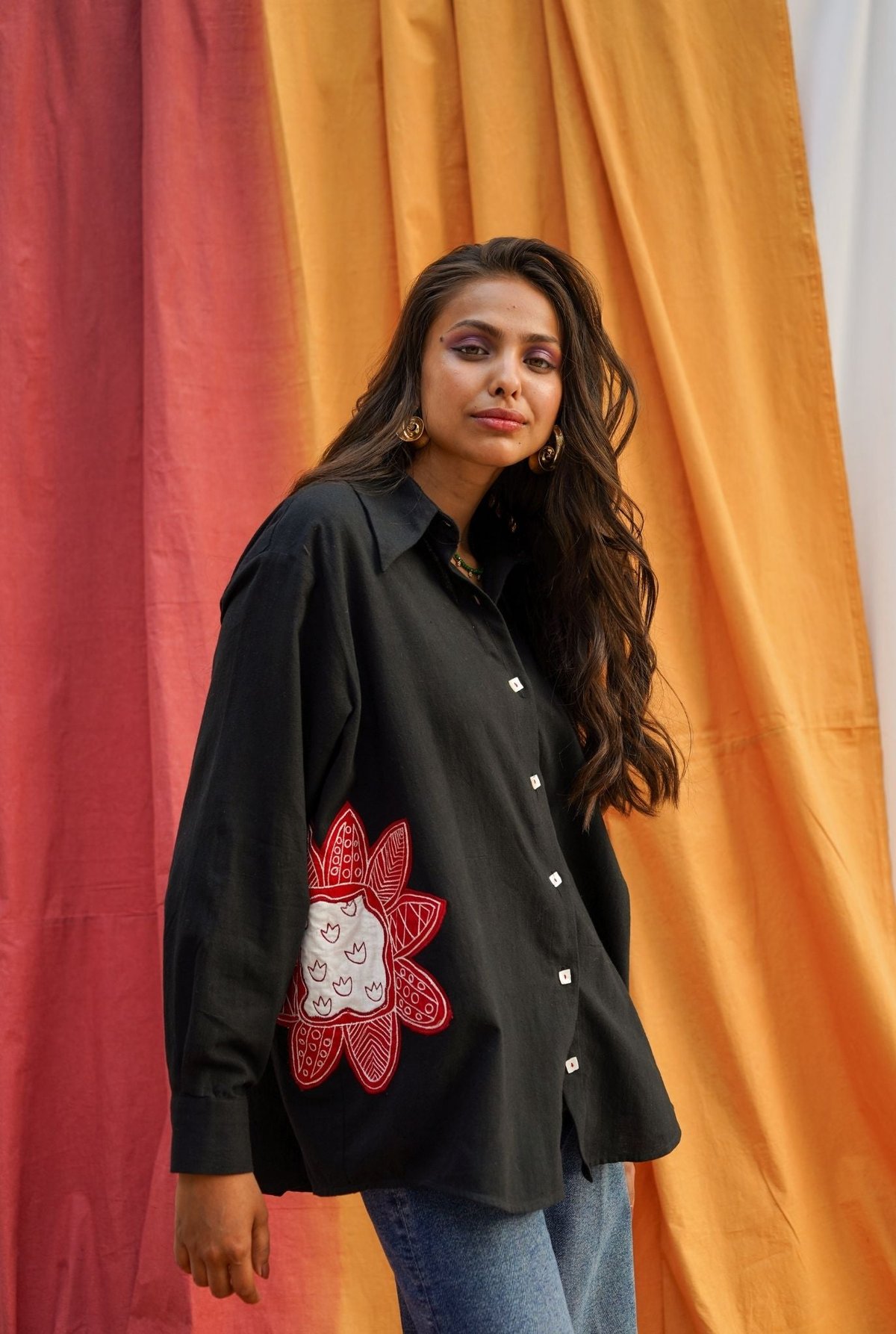 Black Oversized Cotton Shirt with Floral Applique