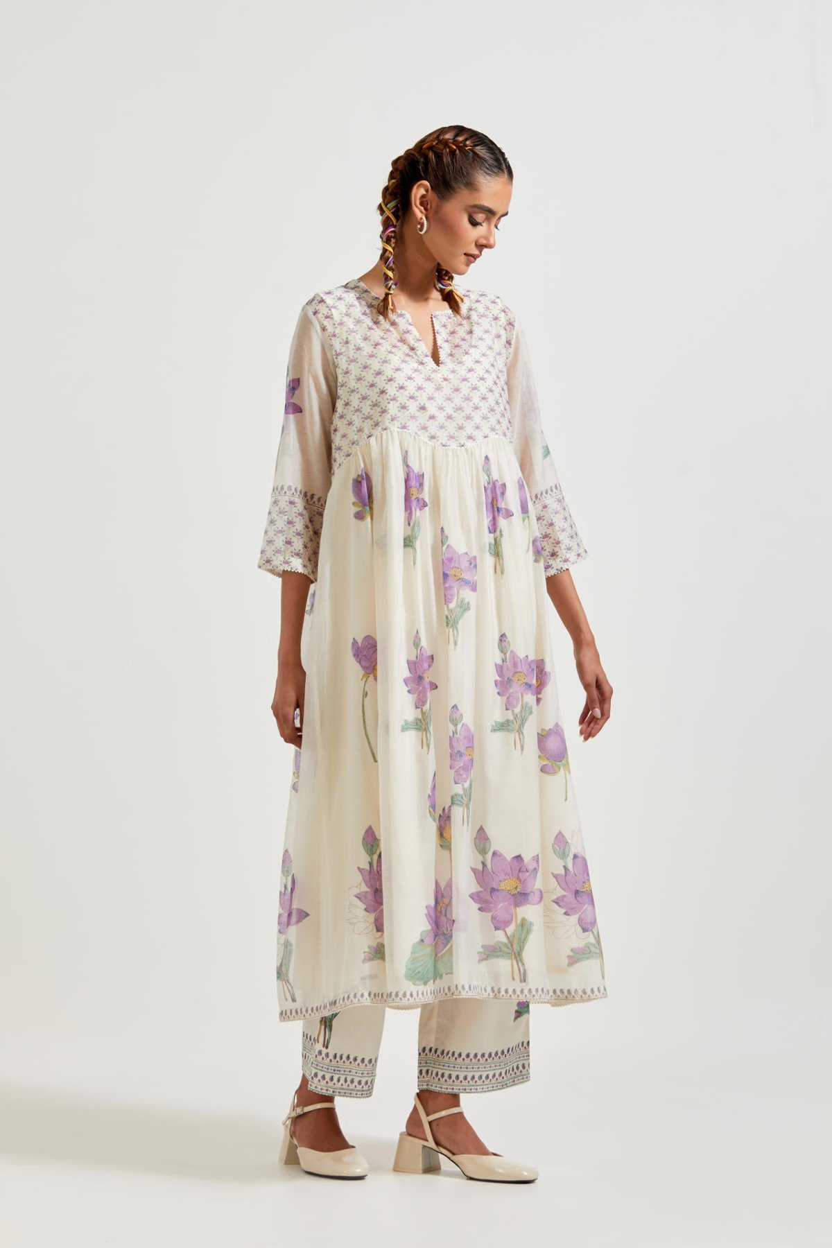 Off White Cotton Chanderi Floral Printed Kurta Set