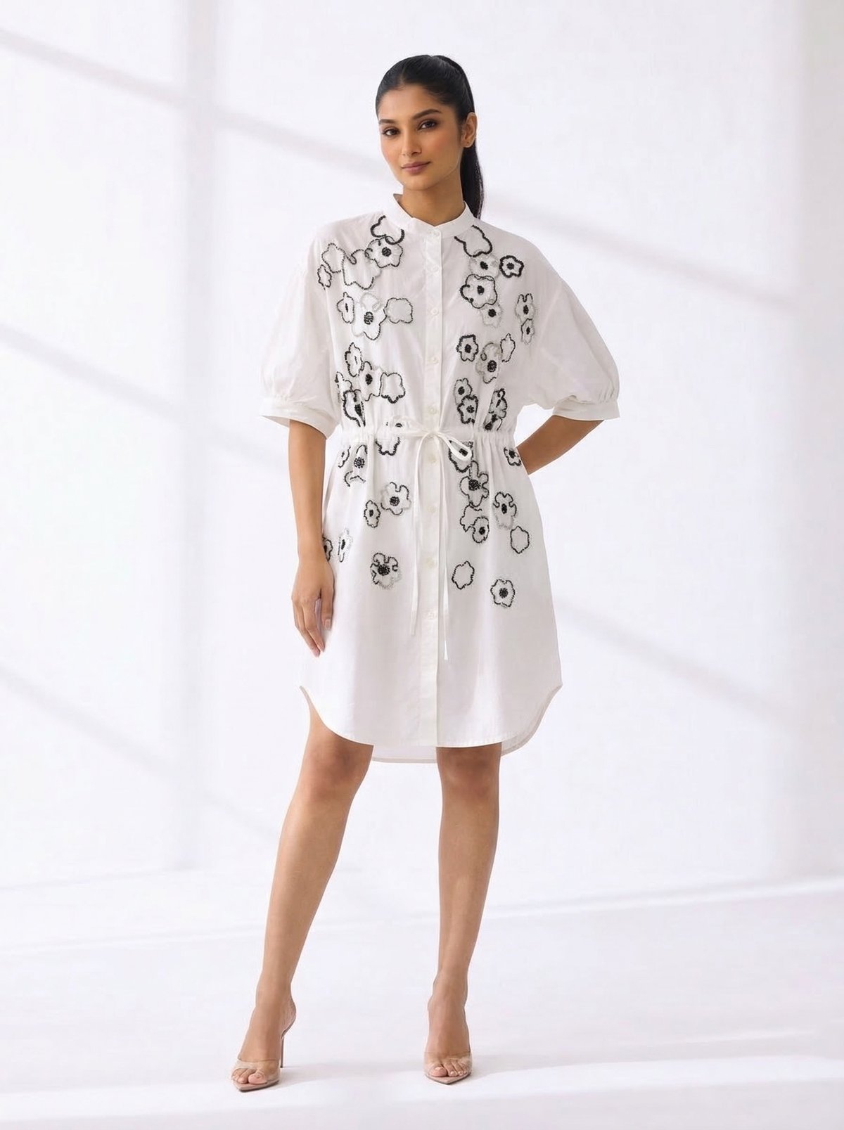 Ivory Cotton Shirt Dress with Black Floral Embroidery