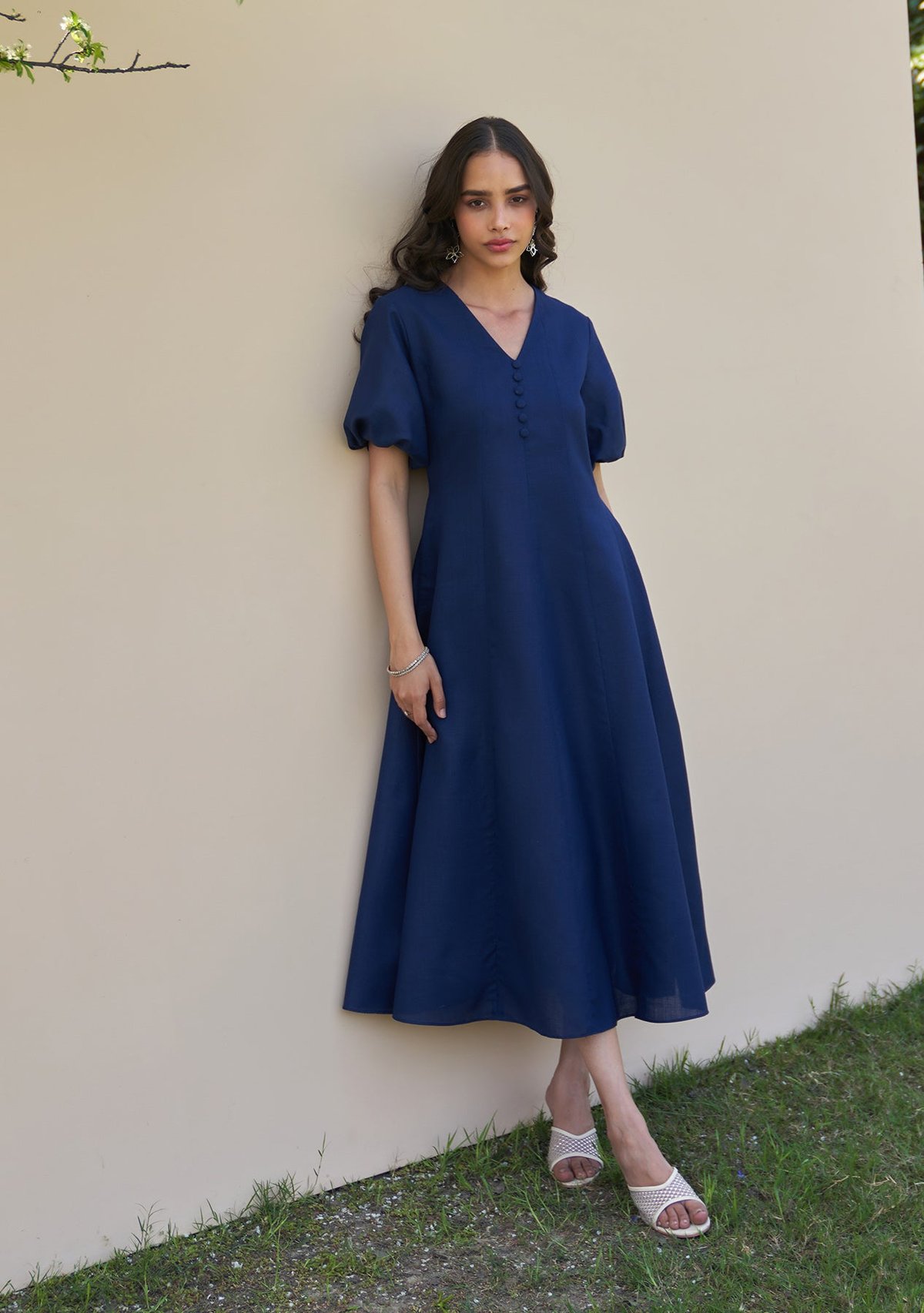 Navy Fit and Flare V-Neck Midi Dress