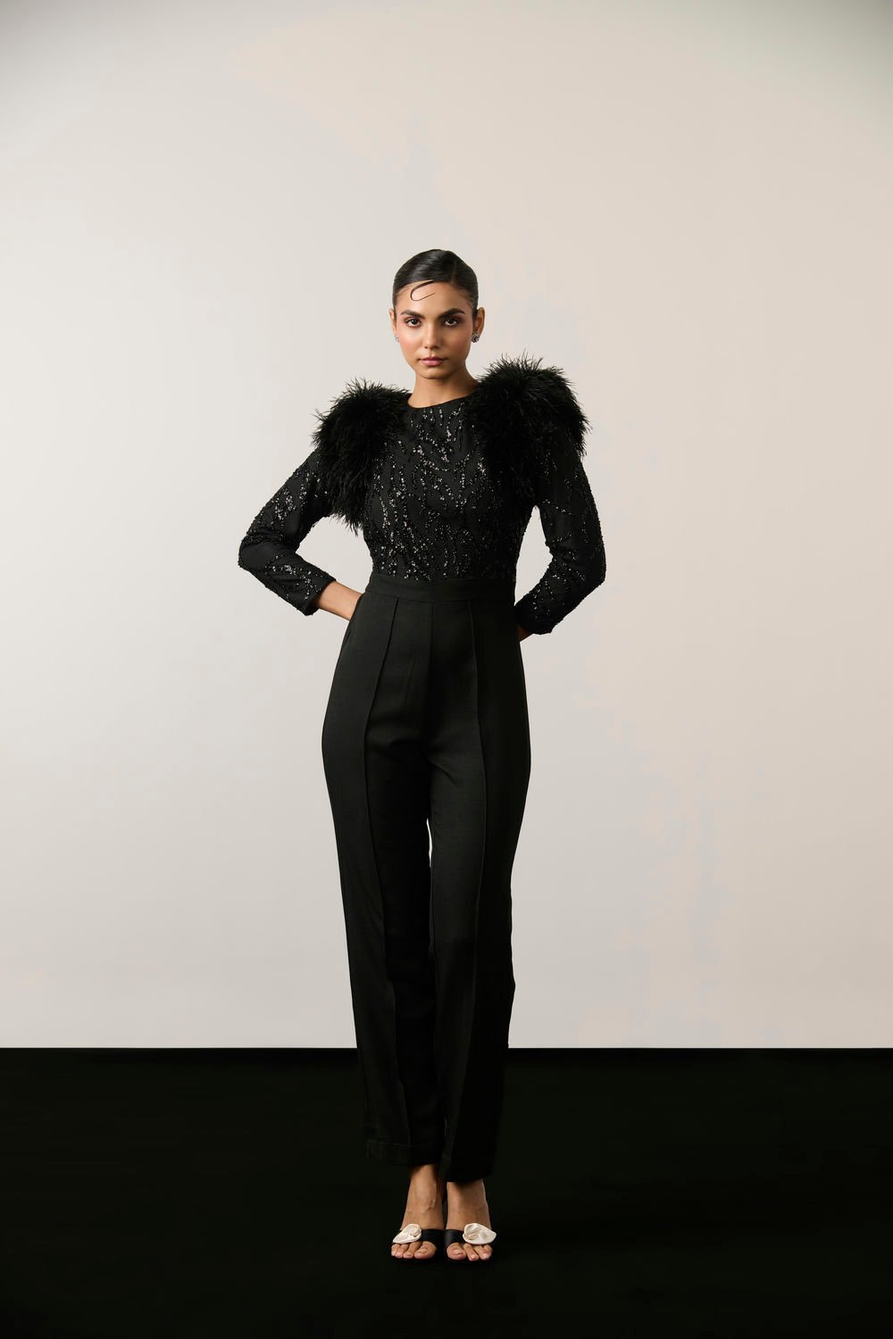Black Sequin Jumpsuit with Feather Armhole Detail