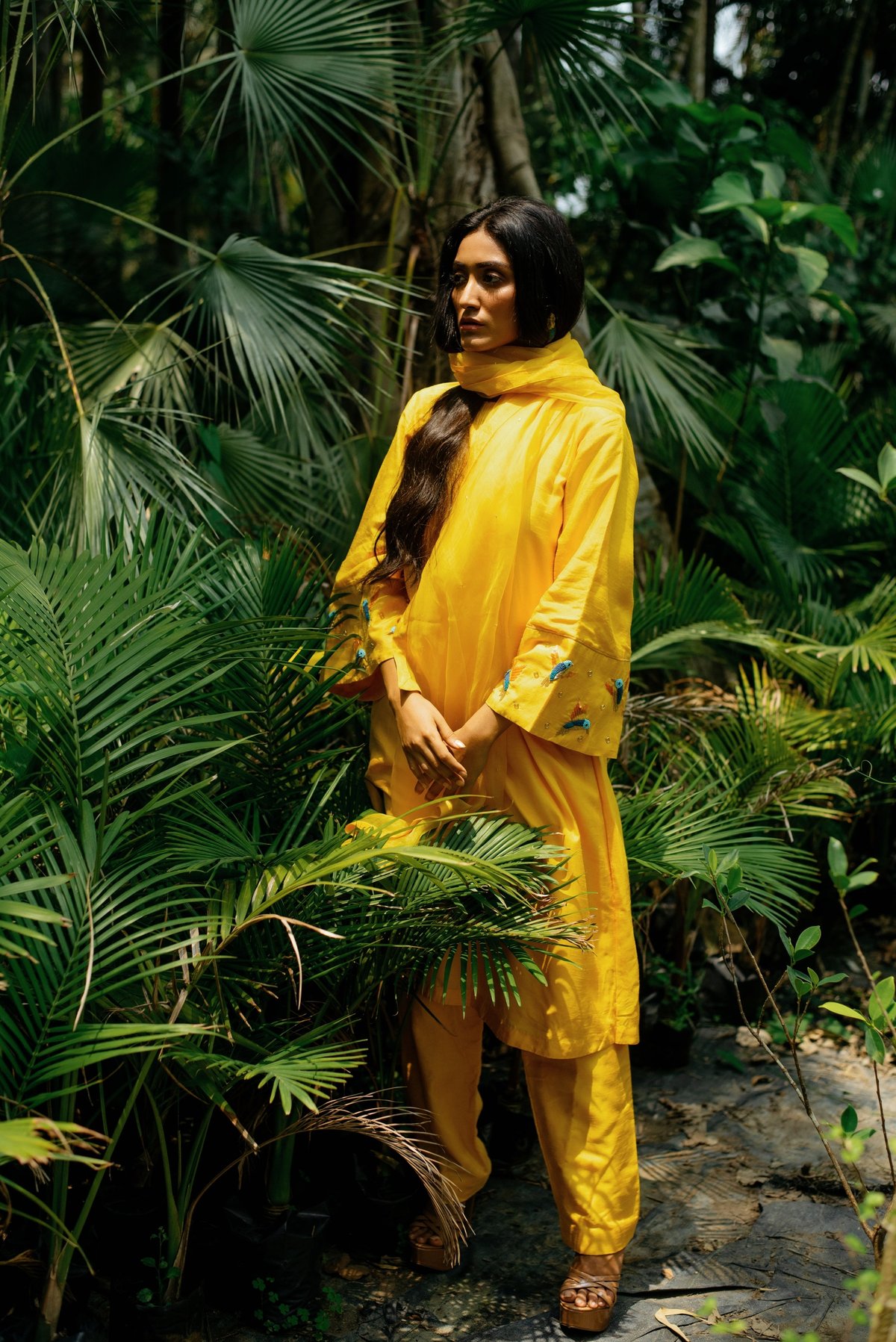 Yellow A-Line 3-Piece Kurta Set With Embroidered Sleeves