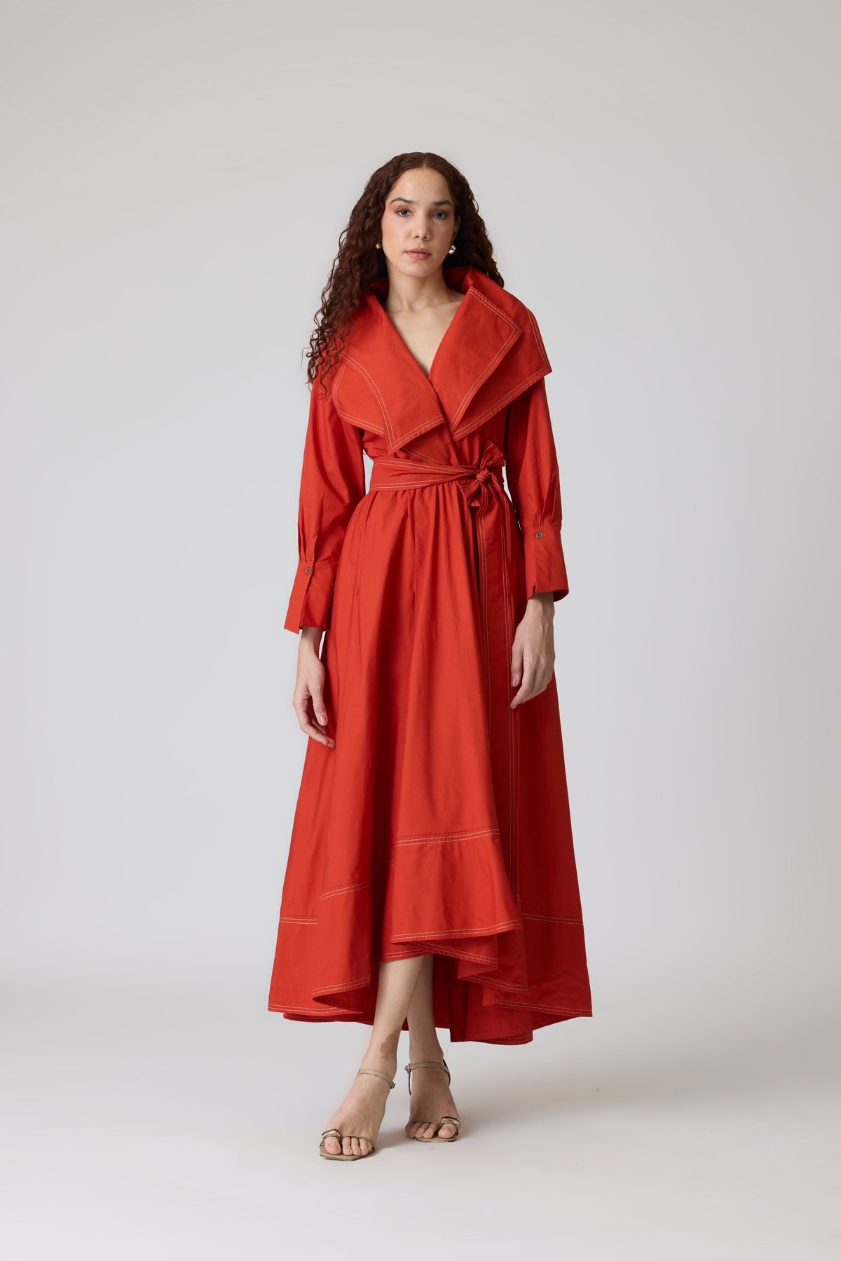 Burnt Orange Trench-Style Belted Midi Fit and Flare Dress