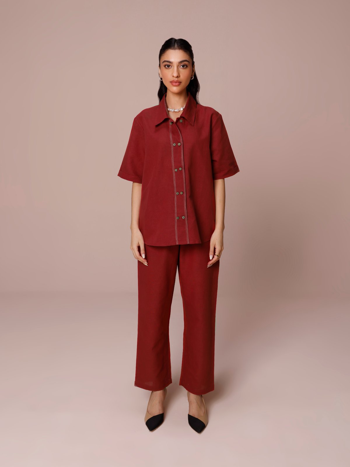 Maroon Linen Blend Shirt and Pants Co-ord Set
