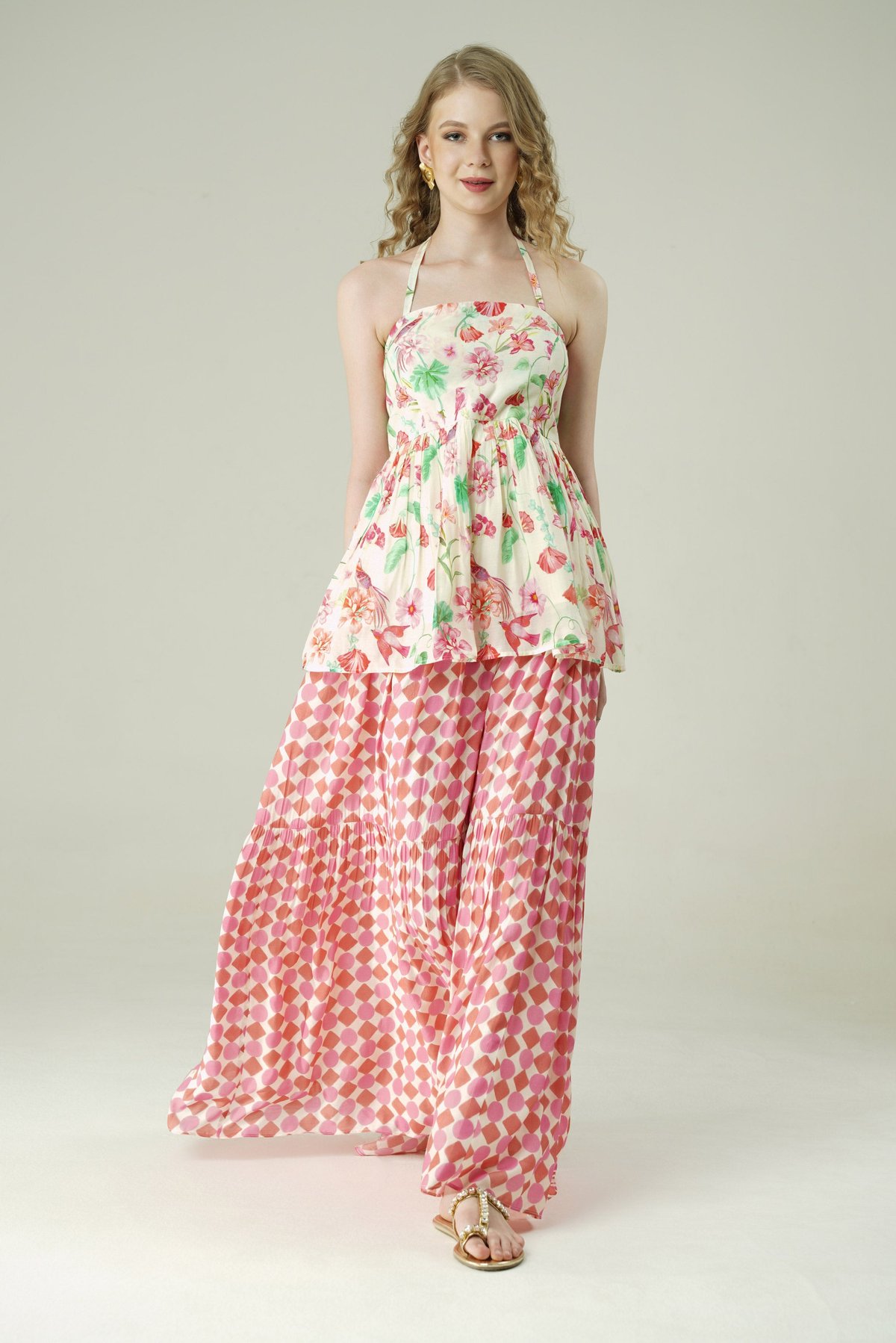 Ivory Floral Halter Top and Pink Maxi Skirt Co-ord Set