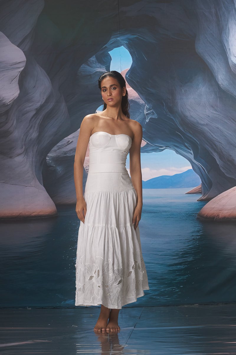 White Strapless Linen Midi Dress with Cutwork Hem