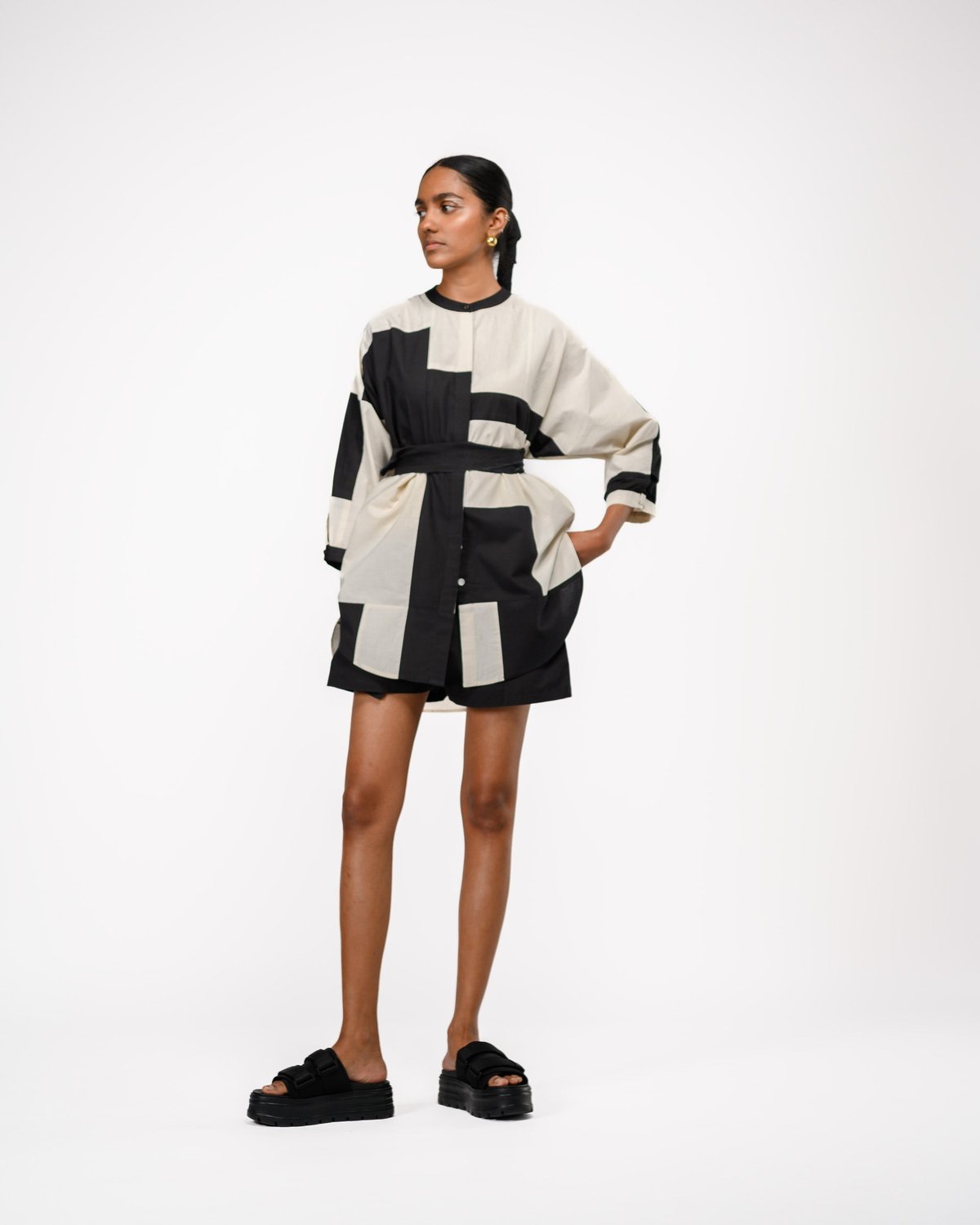 Black and Off-White Geometric Colorblock Anti-Fit Shirt