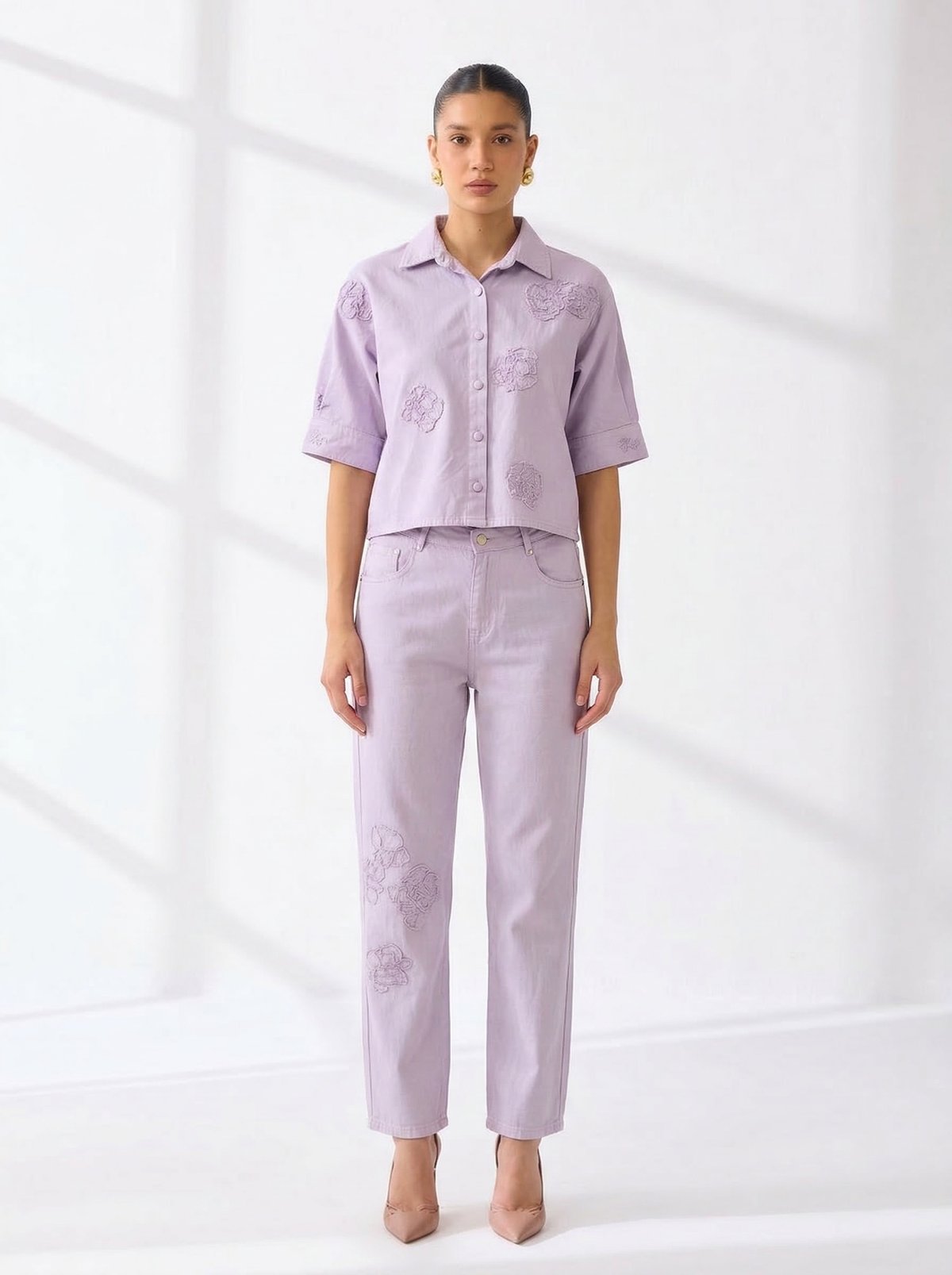 Lavender Denim Shirt and Straight-Leg Pants Co-ord Set
