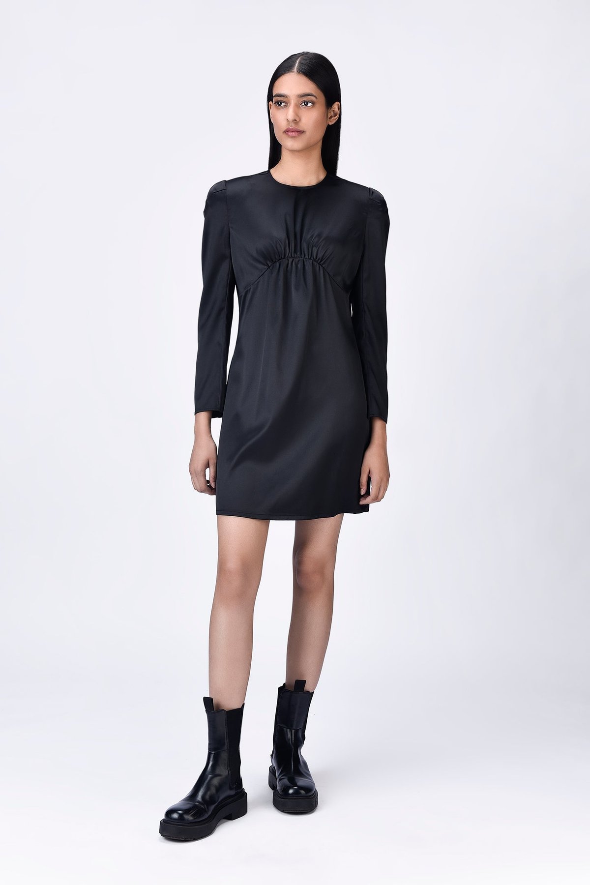 Black Viscose Satin Mini Dress with Constructed Shoulders