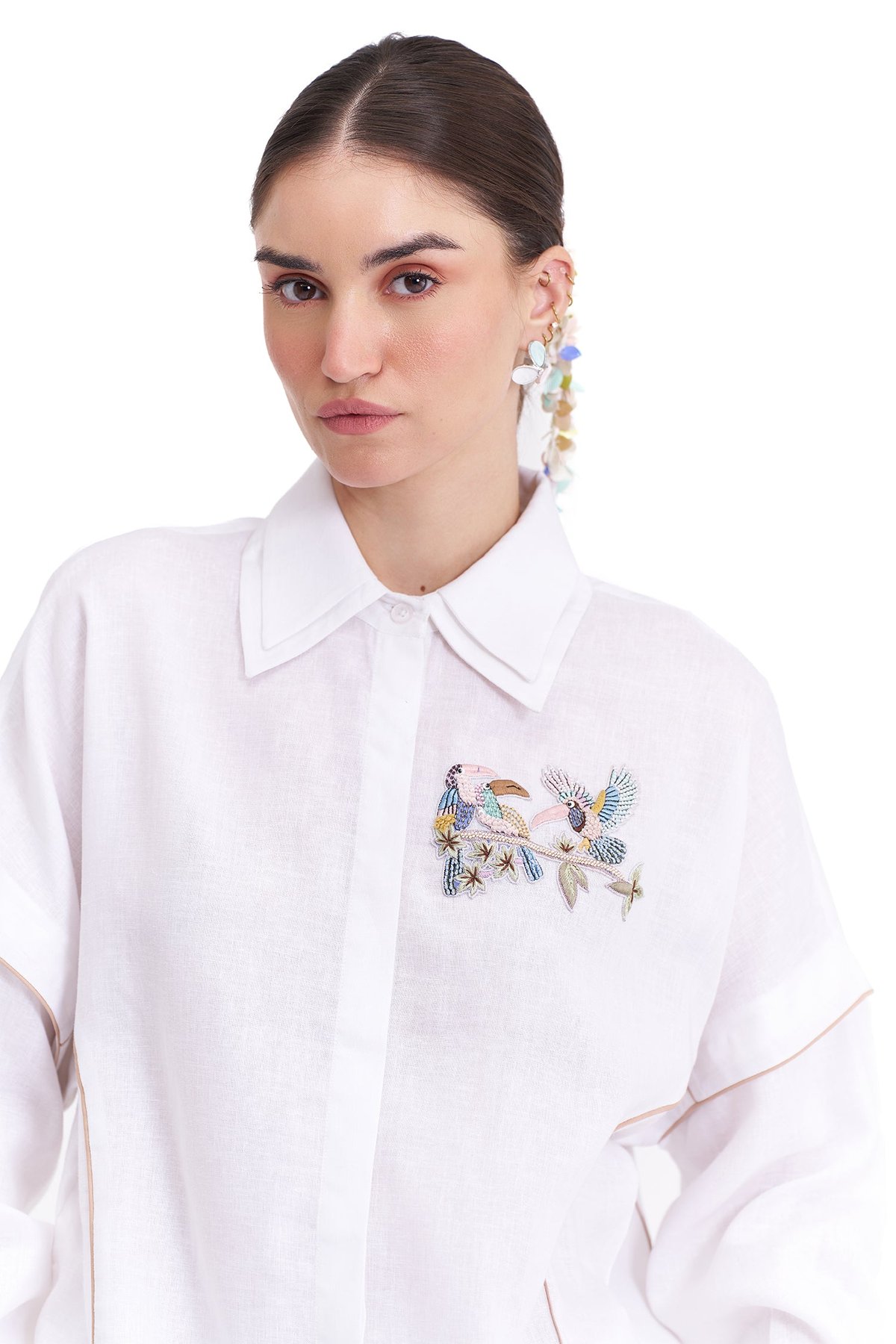 White Cotton-Linen Relaxed Shirt with Bird Embroidery