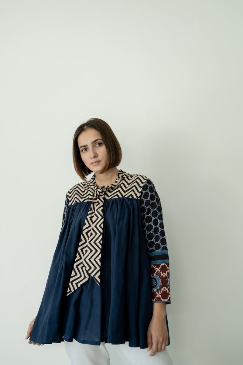 Indigo Block Print Flowy Tunic Top with Tie-Up Neck