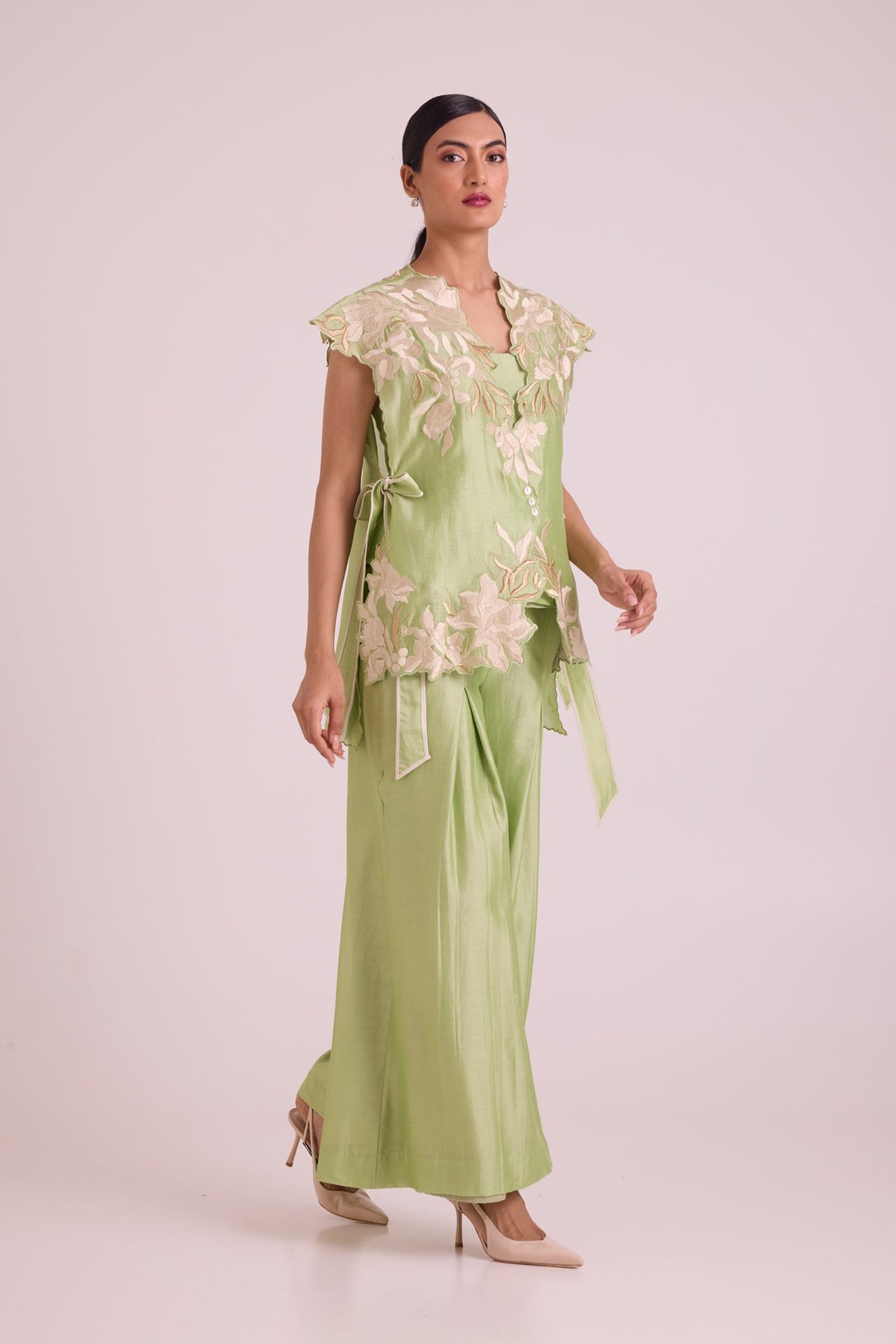 Mint Green Embroidered Cape Co-ord Set with Wide-Leg Pants