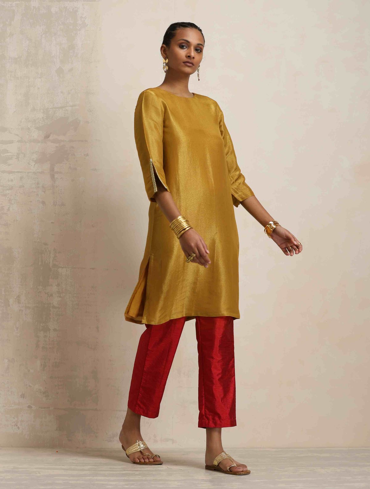 Gold Tissue Kurta and Rust Pants Co-ord Set