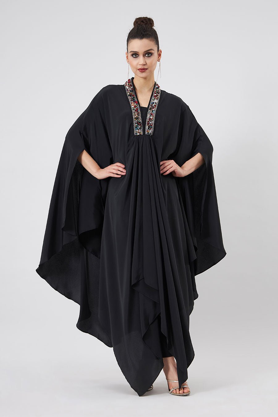 Black Crystal-Embellished Kaftan and Pant Co-ord Set
