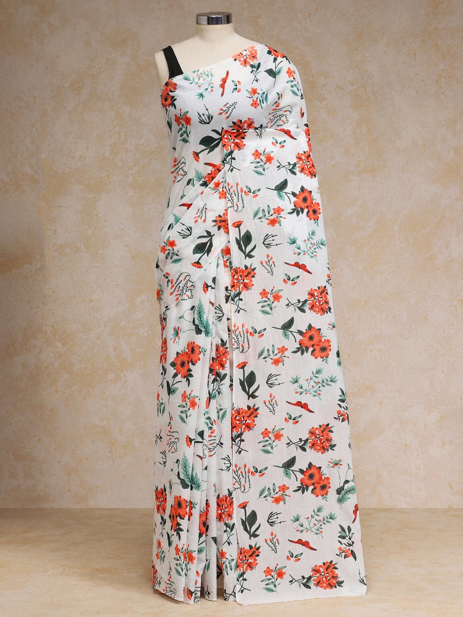 Vibrant Red-Orange Floral Printed Cotton Saree