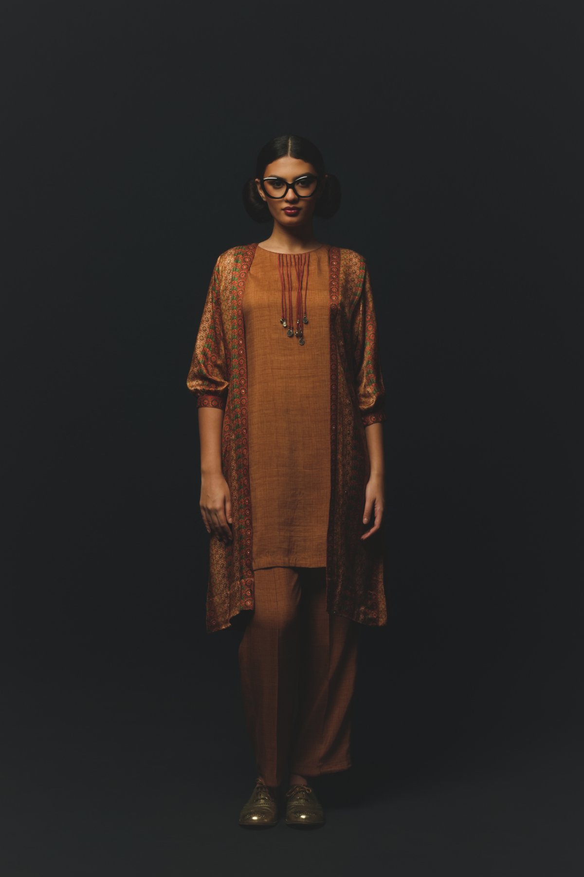 Tan Co-ord Set with Printed Overlay and Tapered Pants