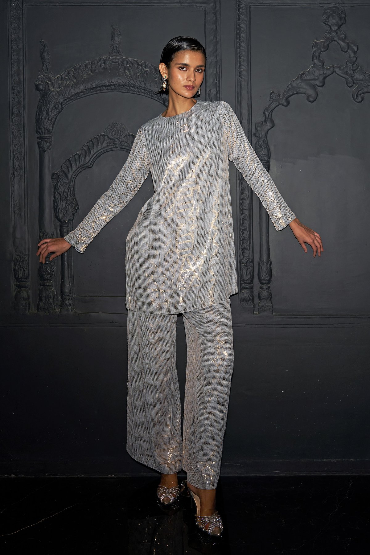 Pastel Sequin Embroidered Wide-Leg Party Trousers