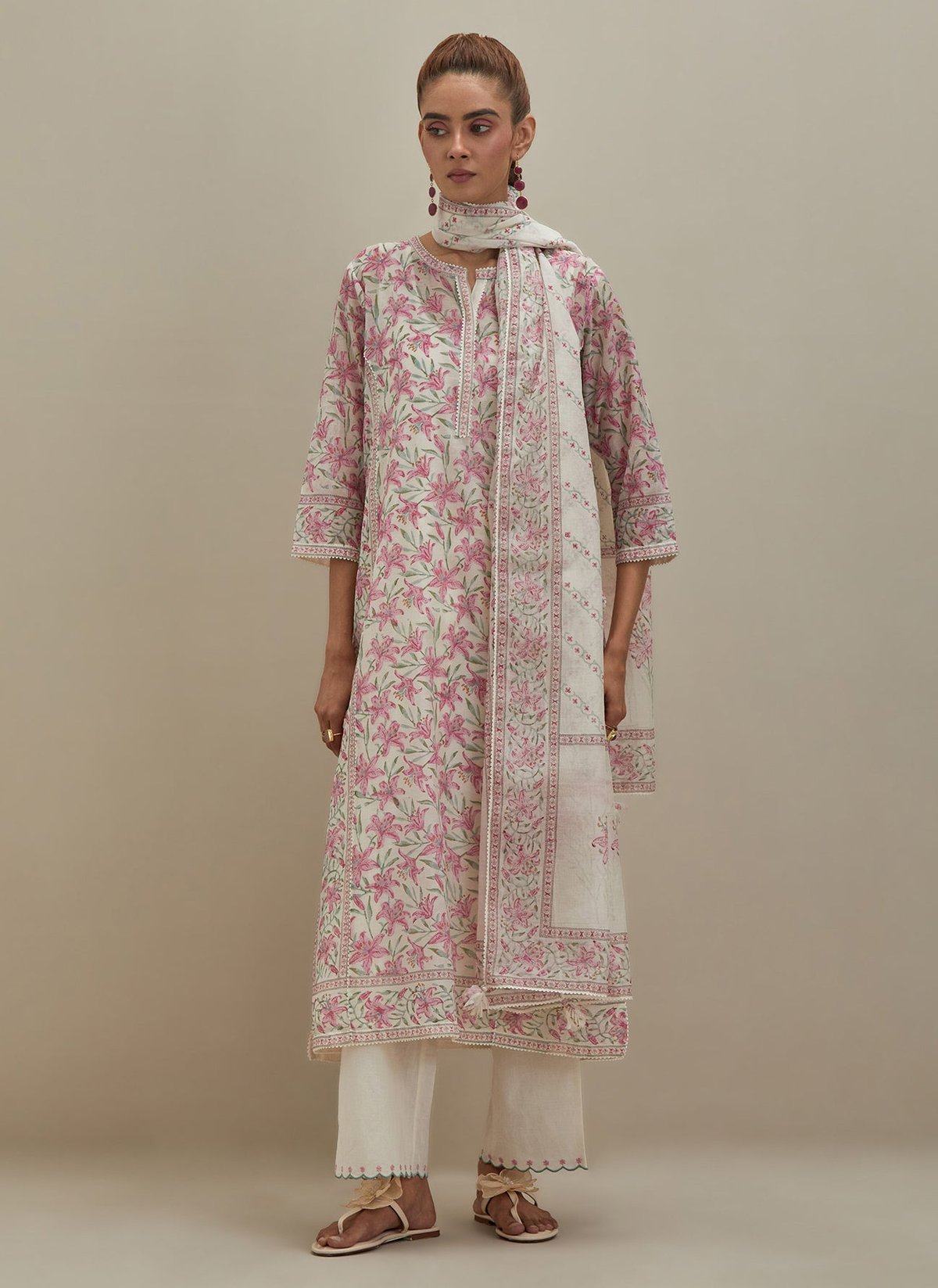 Off White Chanderi Straight Kurta Set Block Prints