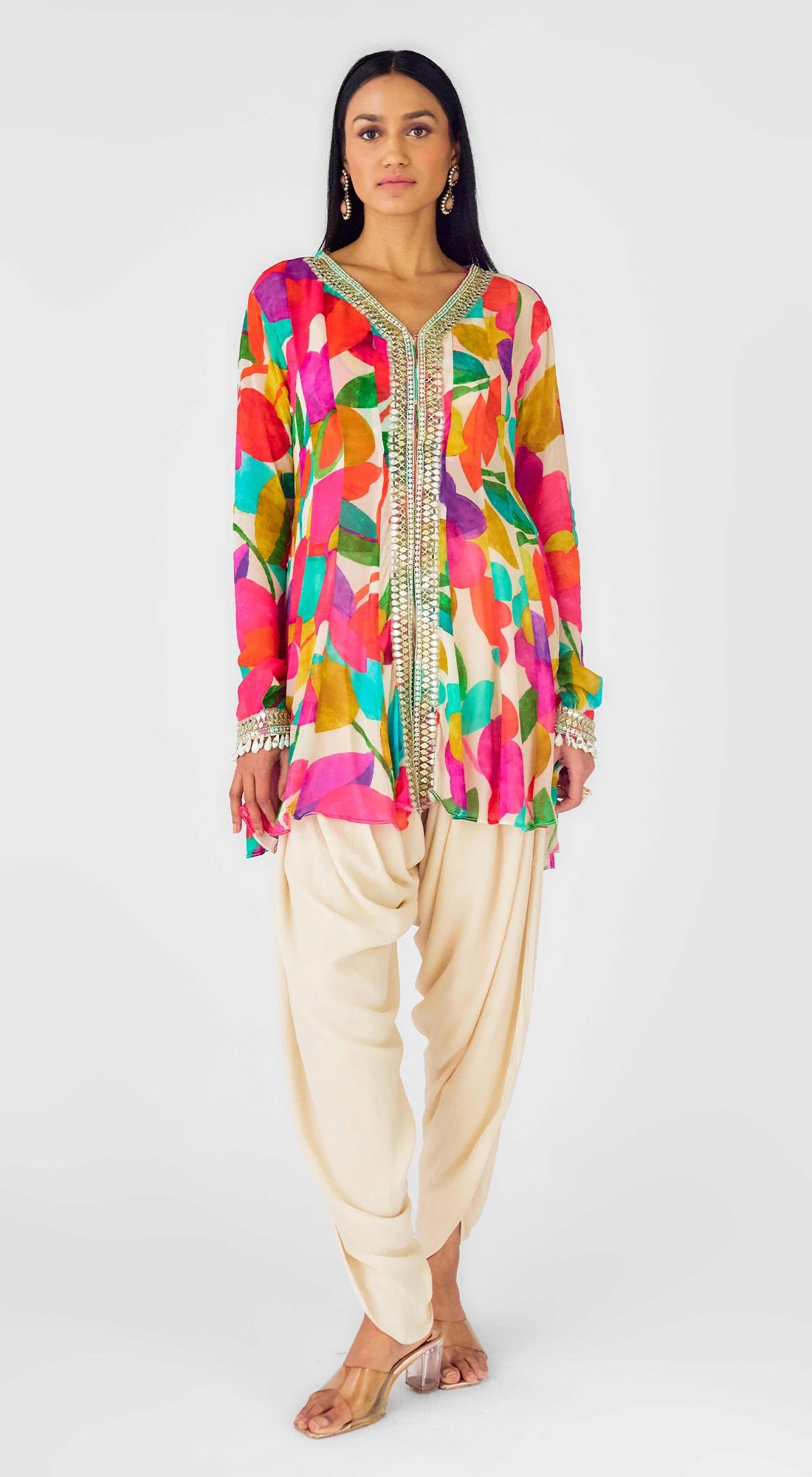 Multicolor Crepe Printed Kurta Dhoti Set with Mirror Work
