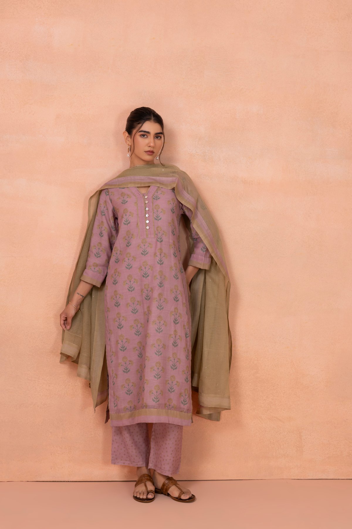 Purple Floral Printed Straight Kurta Set with Dupatta