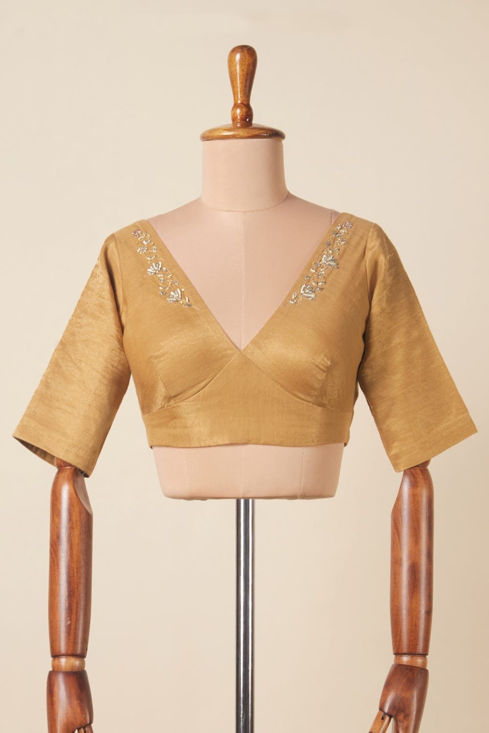 Golden Tissue Silk-Cotton V-Neck Embroidered Blouse