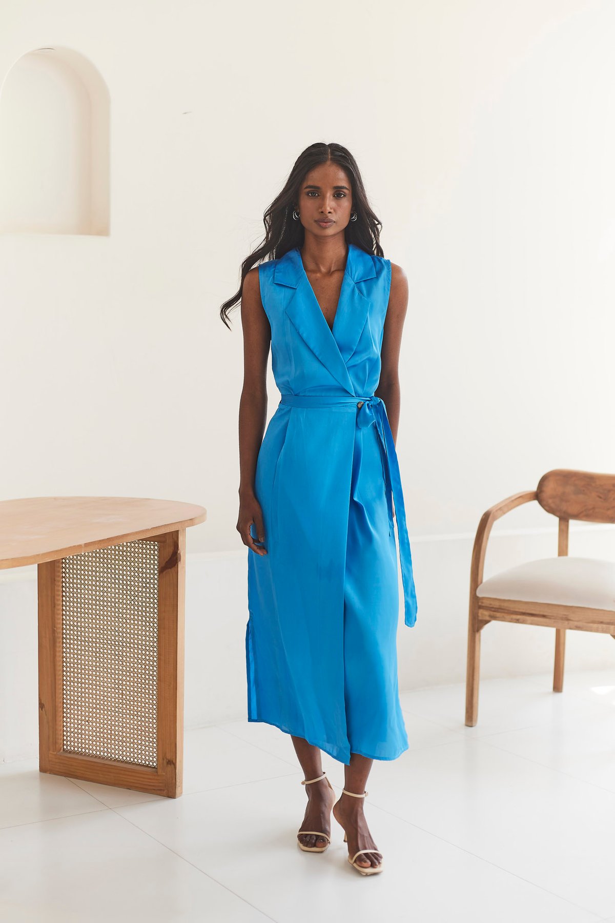 Blue Satin Twill Sleeveless Midi Shirt Dress with Belt