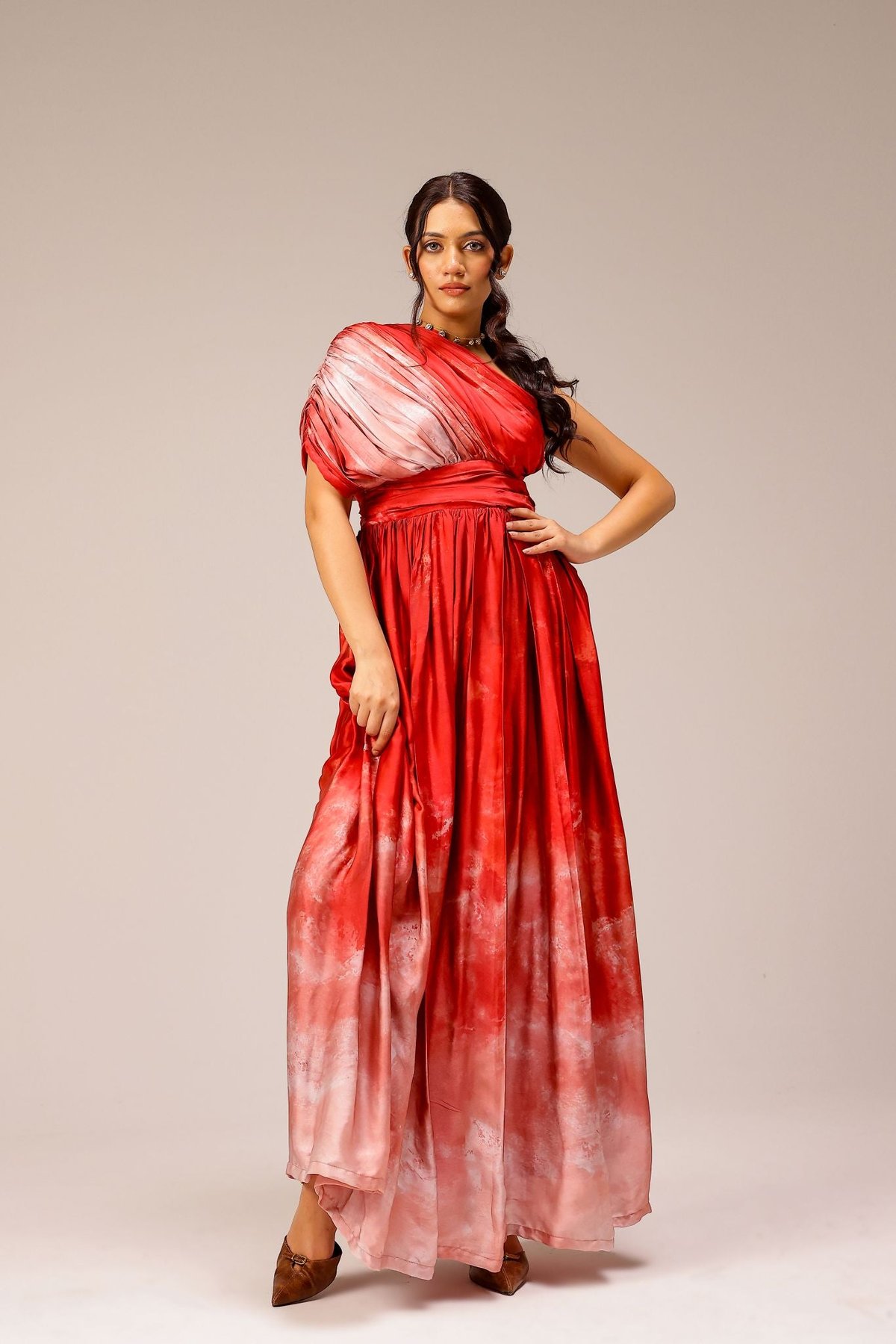 Red One-Shoulder Draped Ombre Maxi Dress