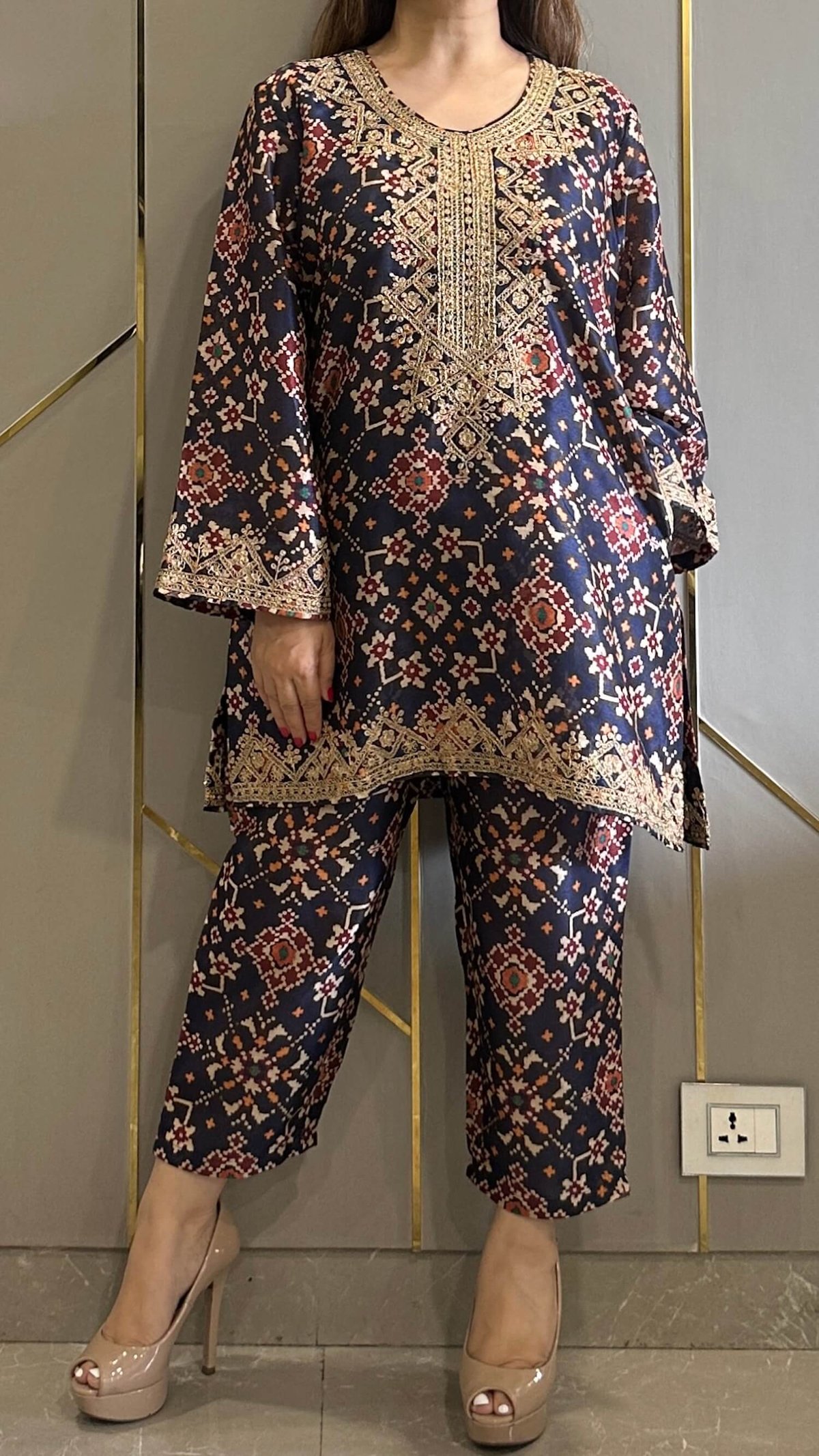 Navy Patola Embroidered Phiran Coord (Without Potli)