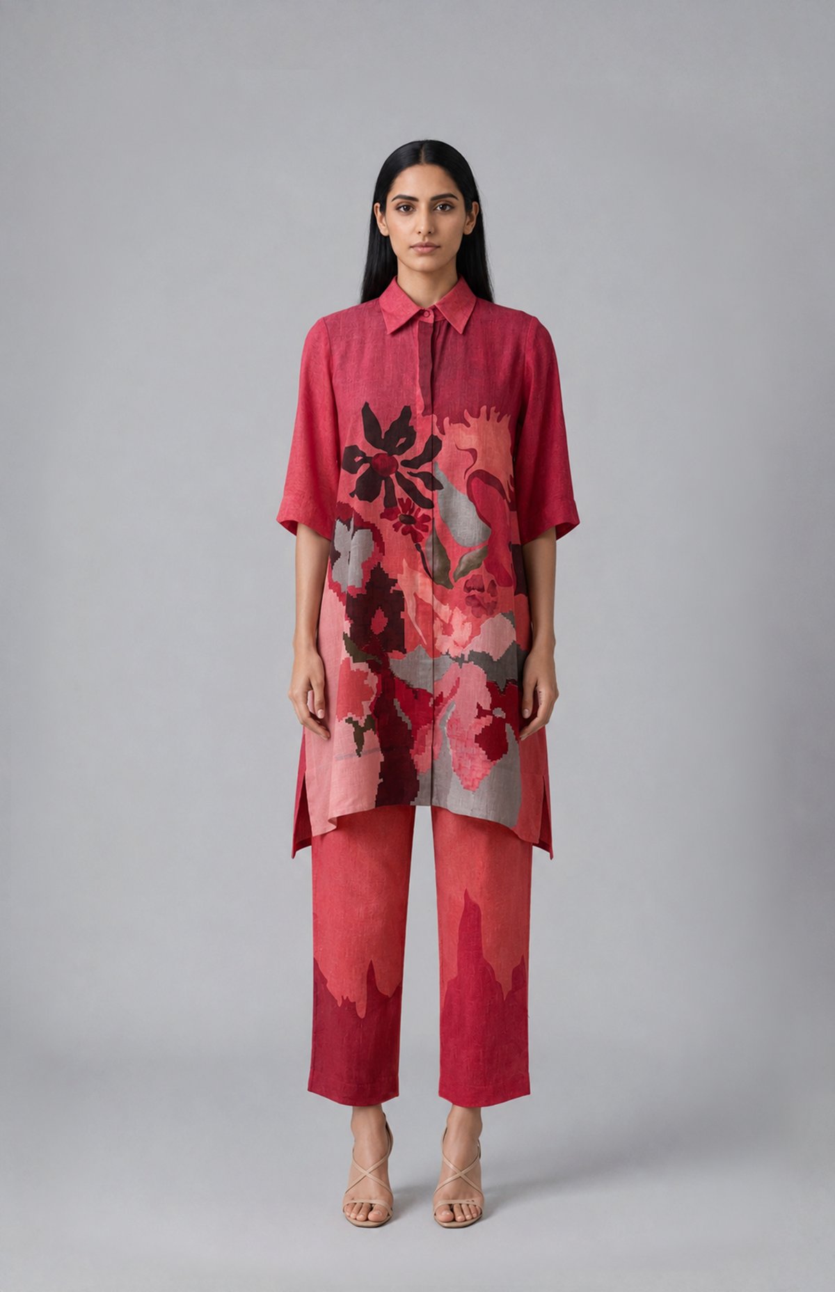 Red Printed Korean Linen Tunic and Pants Co-ord Set