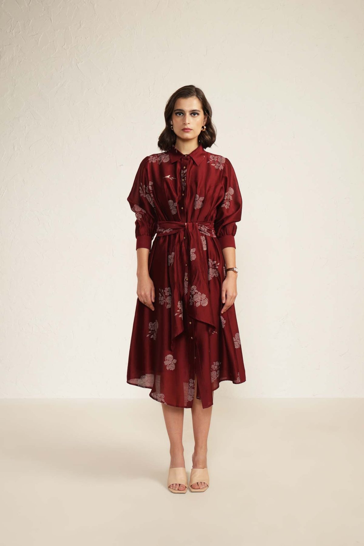 Burgandy Printed Midi Shirt Dress with Tie Belt