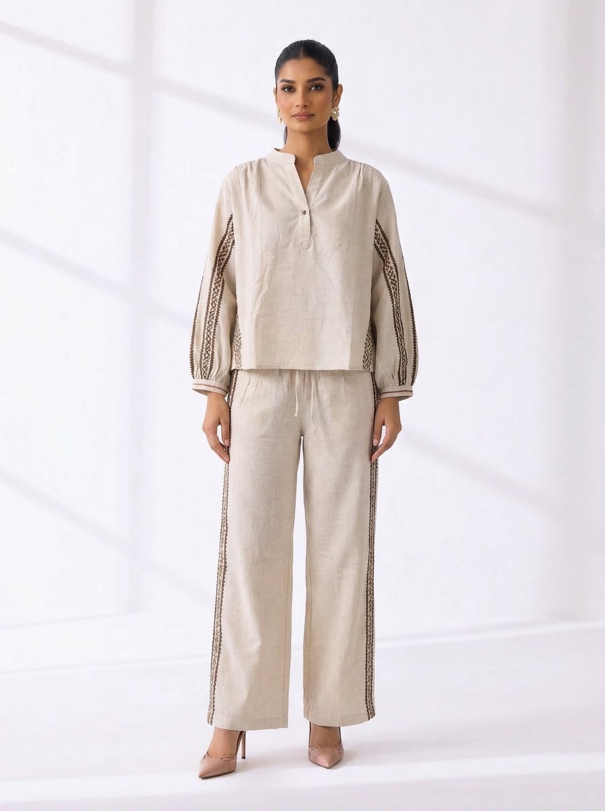 Natural Beige Embroidered Co-ord Set with Wide-Leg Pants