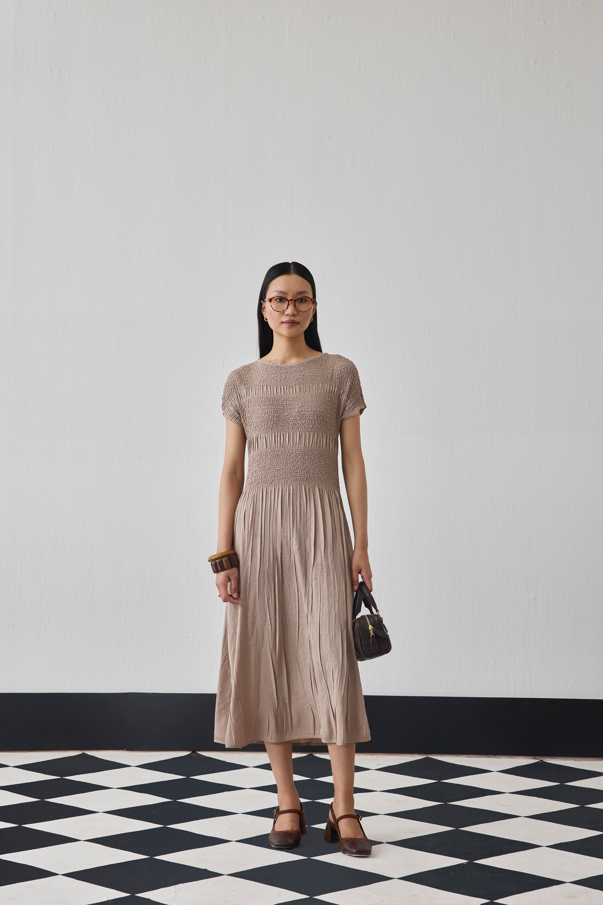 Brown Smocked Fit and Flare Midi Dress