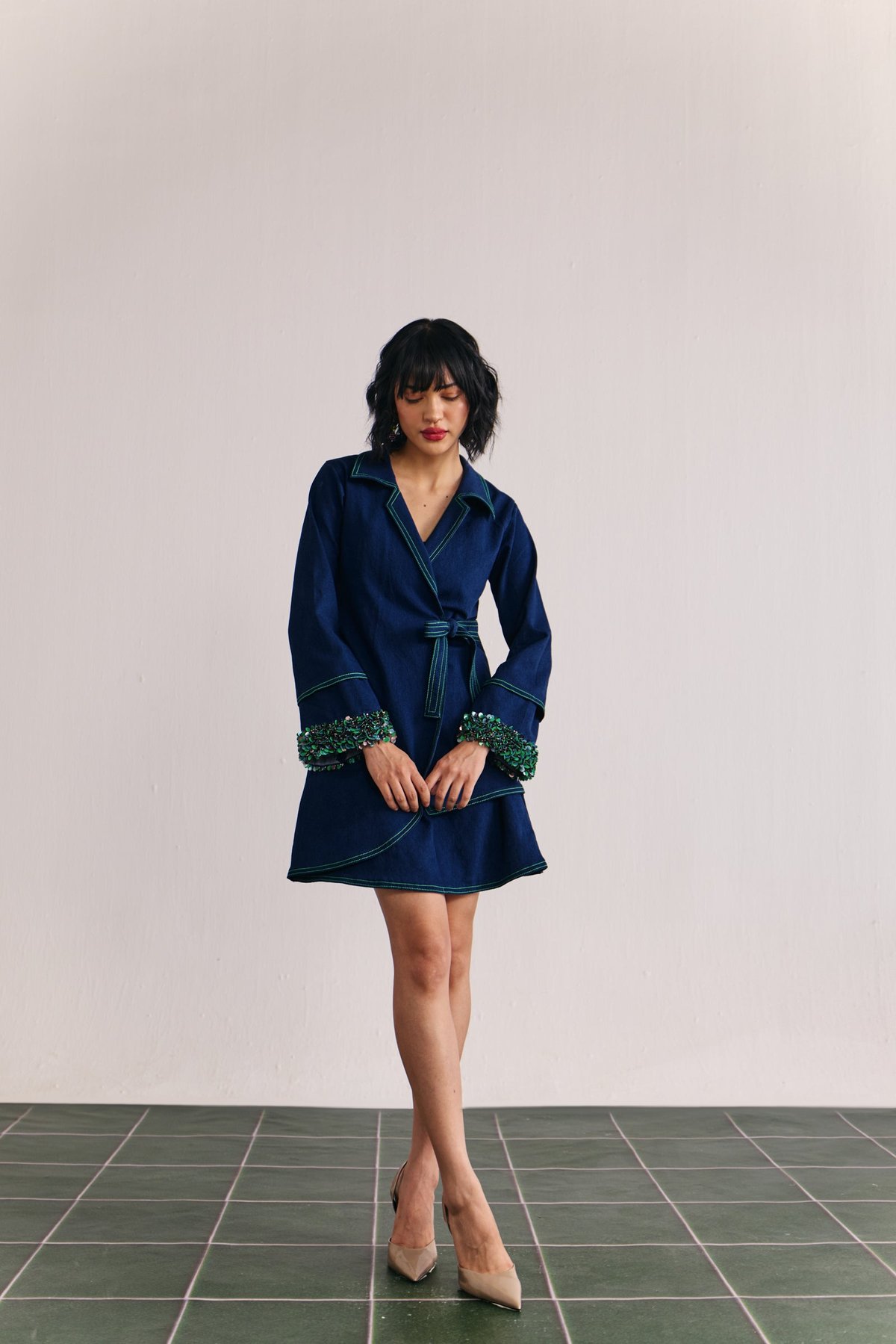 Denim Full Sleeve Tie-Up Dress