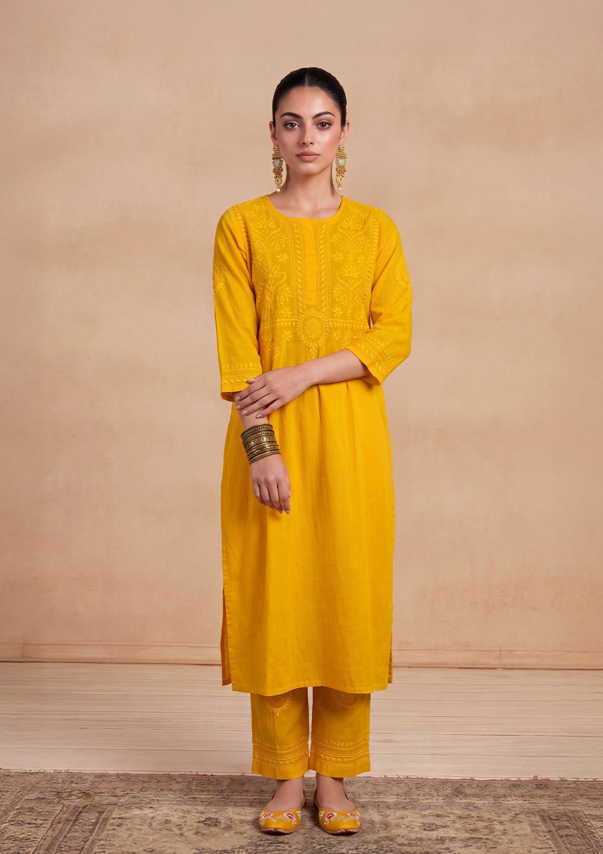 Soha Chikankari Cotton Straight Kurta Set - Yellow