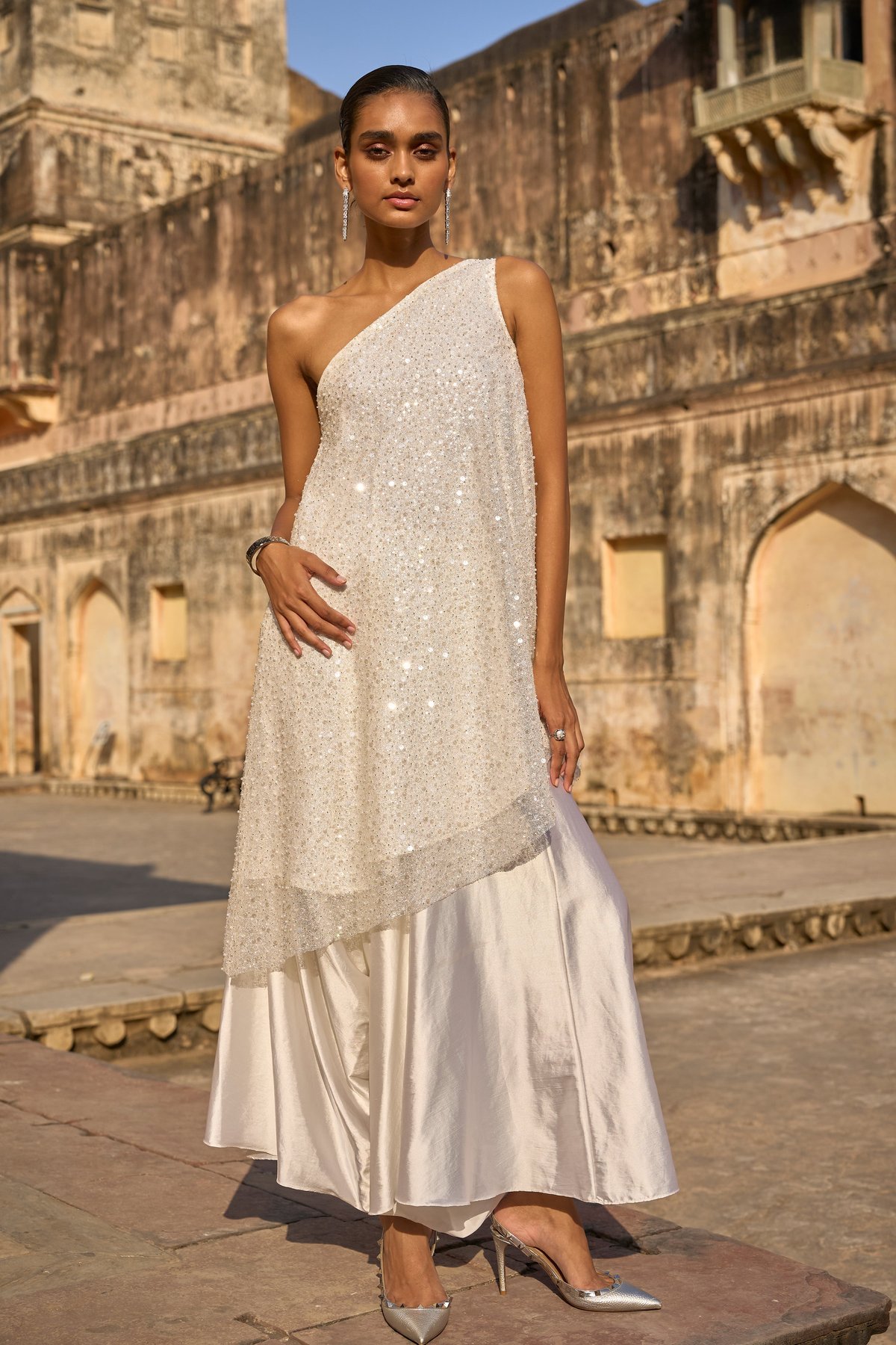 Ivory One-Shoulder Pearl and Sequin Embellished Top