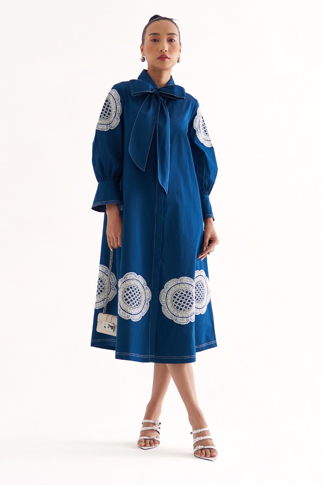 Persian Blue Oversized Cotton Midi Dress with Lace Applique