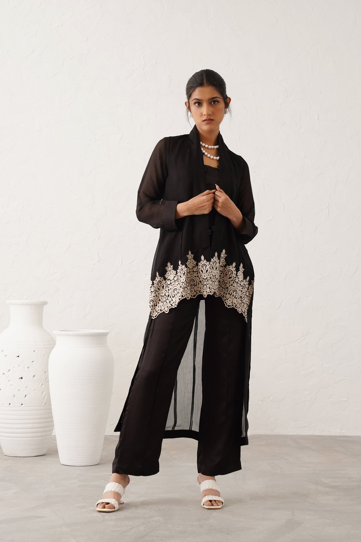 Black Sheer Georgette 3-Piece Kurta Set with Hem Embroidery
