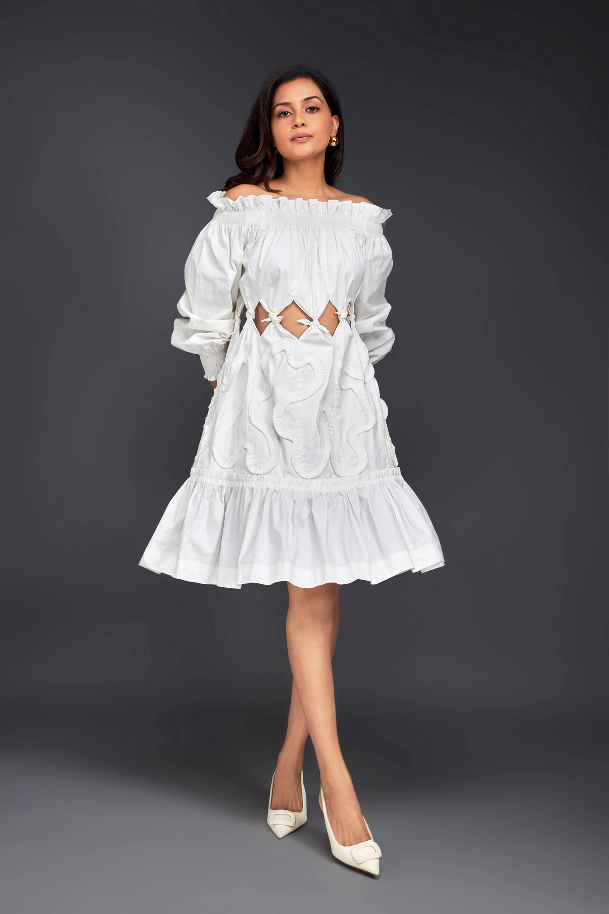 Off-shoulder Dress With Waist Cutouts And Pleated Frill Detailing