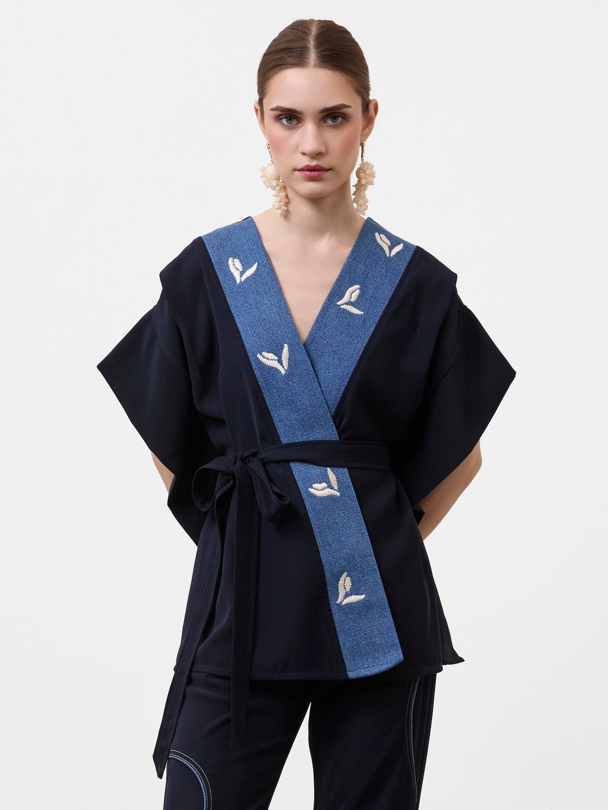Navy Wrap Kaftan Top with Embroidered Panel