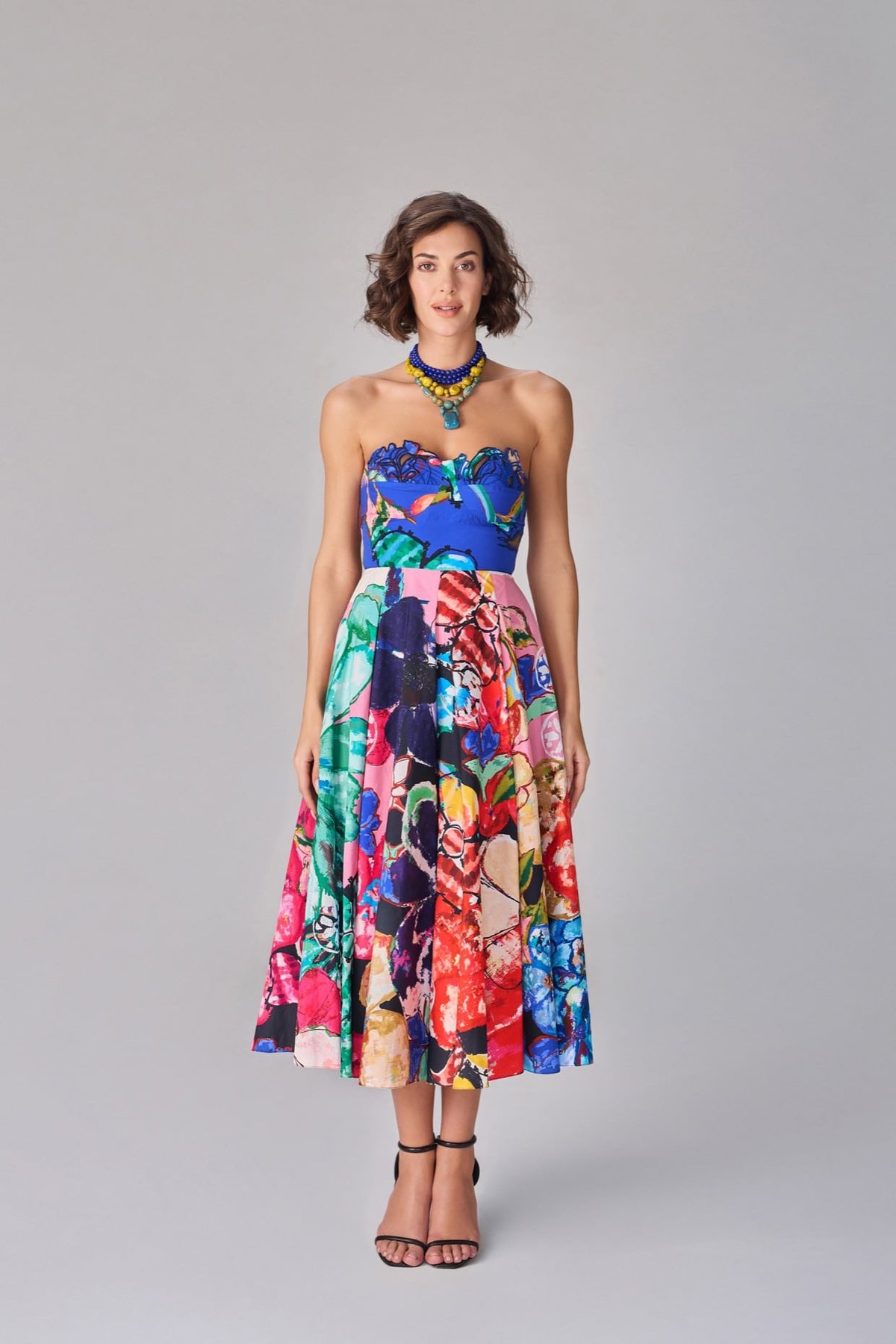 Multicolour Floral Strapless Pleated Midi Dress