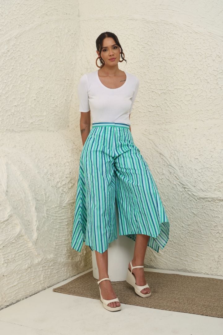 Multicolor Striped High-Waist Wide-Leg Cotton Trousers