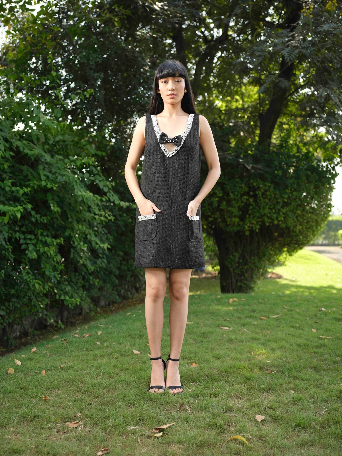 Black Tweed Mini Shift Dress with Pearl-Embellished V-Neck
