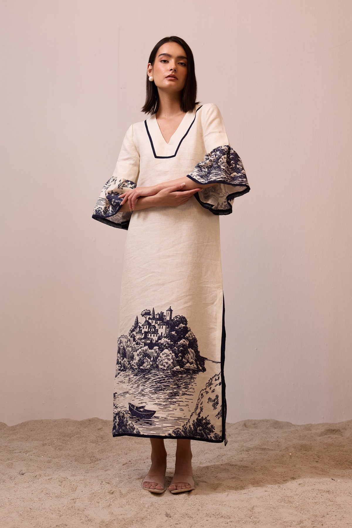 Apricot Linen Maxi Dress with Navy Scenic Border Print
