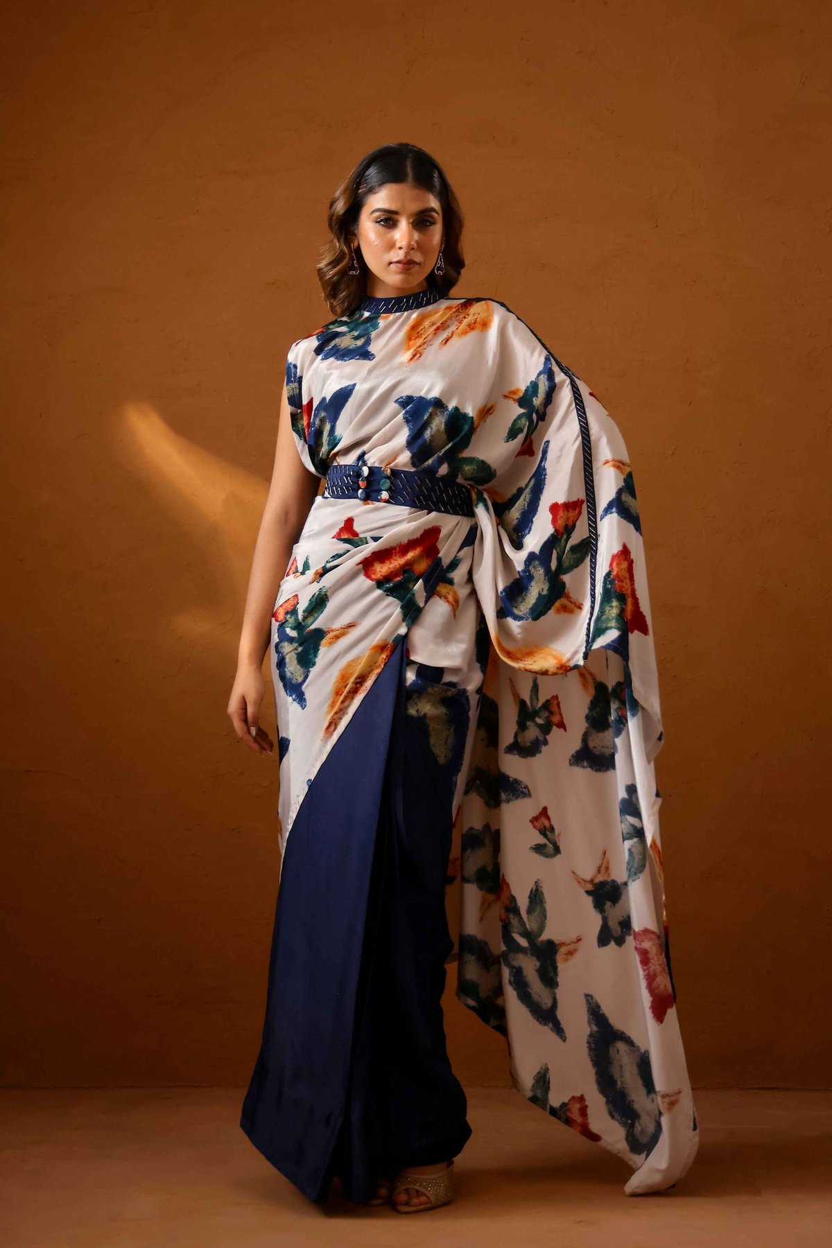 Multicolor Abstract Printed Draped Saree Set with Belt