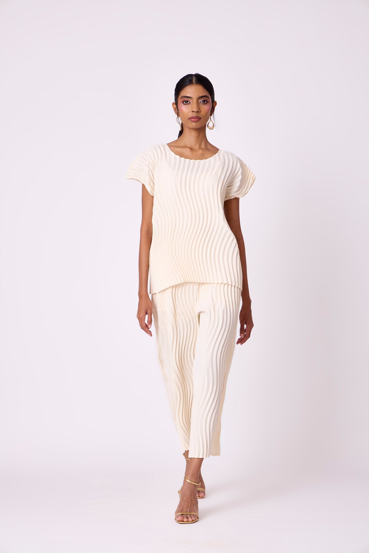 Ivory Wave Pleated Top and Wide-Leg Pants Co-ord Set