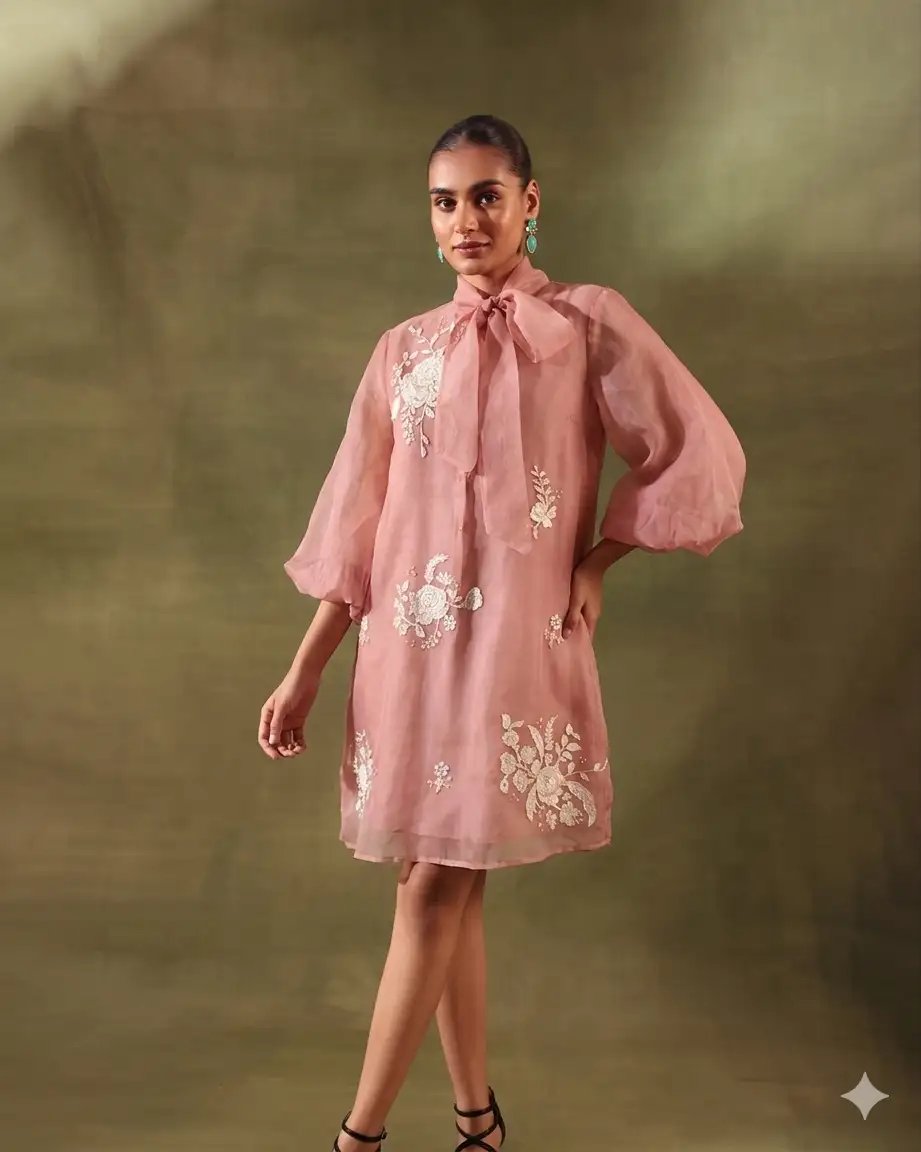 Blush Pink Organza Embroidered Tie-Up Neck Dress