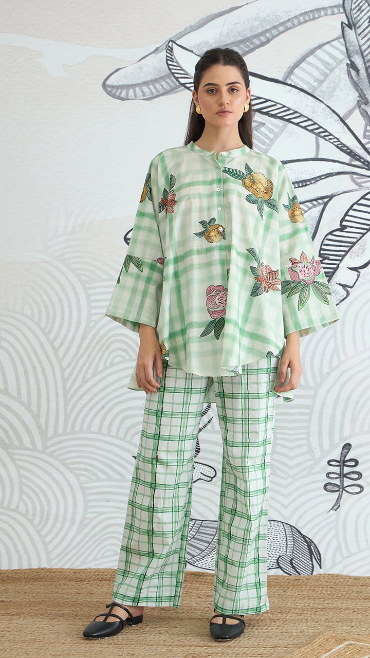 Green Checked Floral Kimono Tunic and Pants Co-ord Set