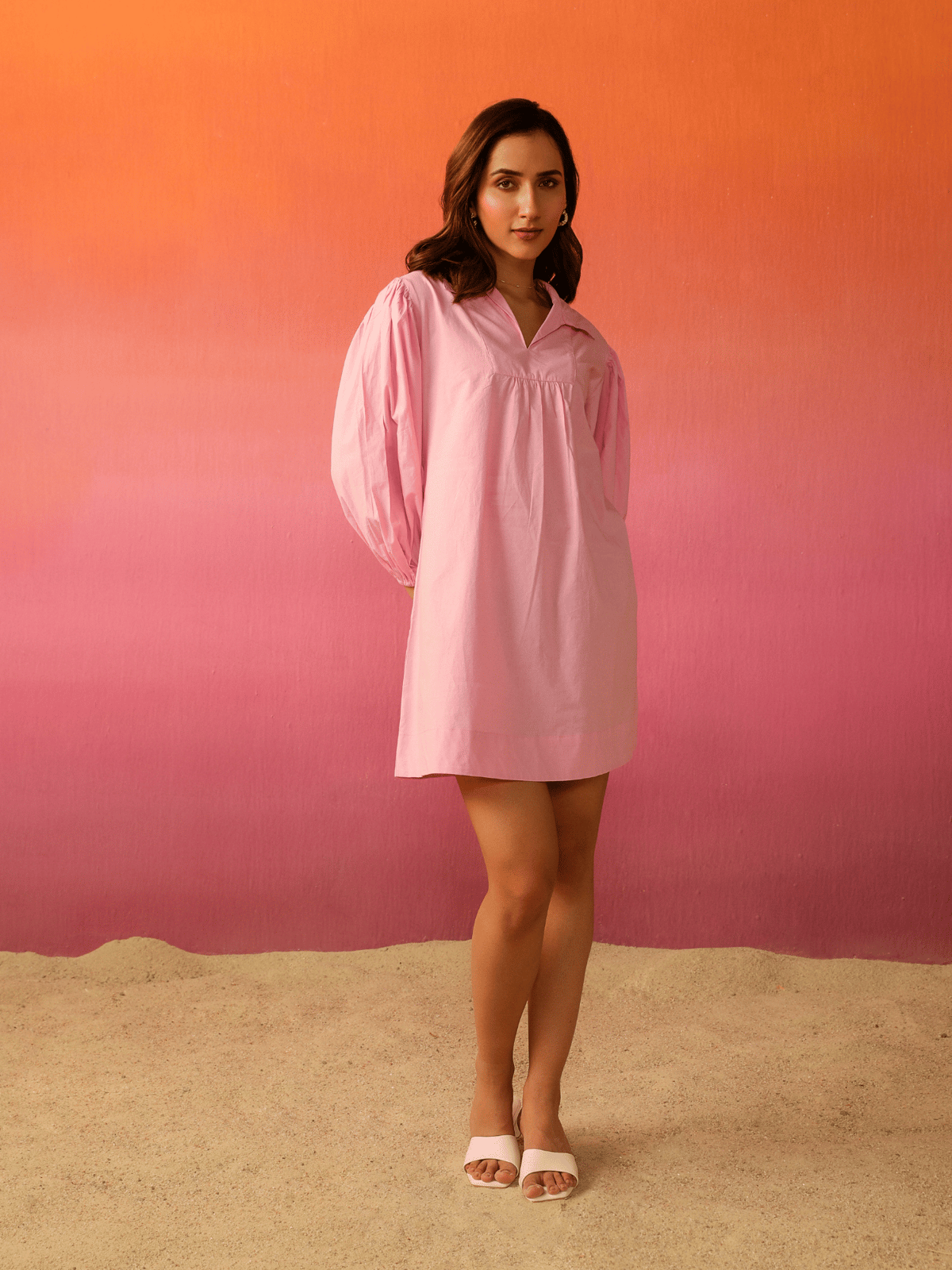 Candy Pink Cotton Poplin Balloon Sleeve Mini Dress