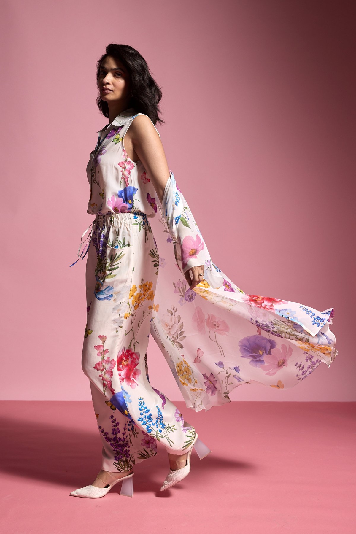 Multi Floral Wide-Leg Viscose Trousers with Drawstring Waist